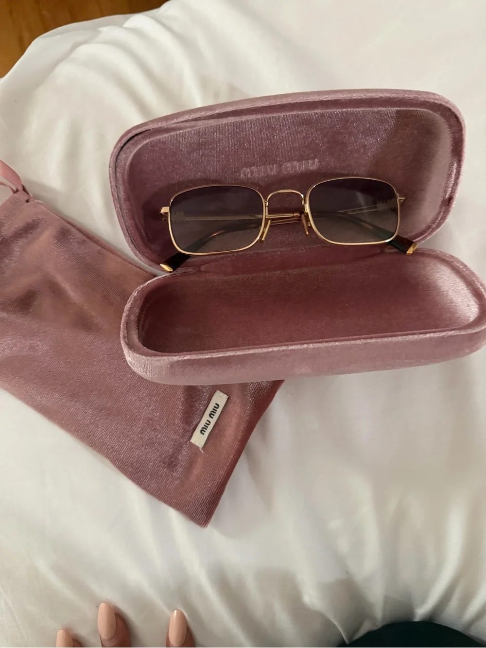 Miu Miu Gold Square Sunglasses with Gradient Gray Lenses and Pink Velvet Case